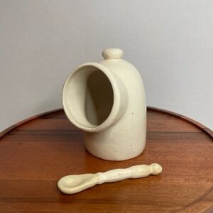 Ceramic Open Mouth Salt Cellar Pig With Spoon. Beige. Stoneware Look. 4.75 in.
